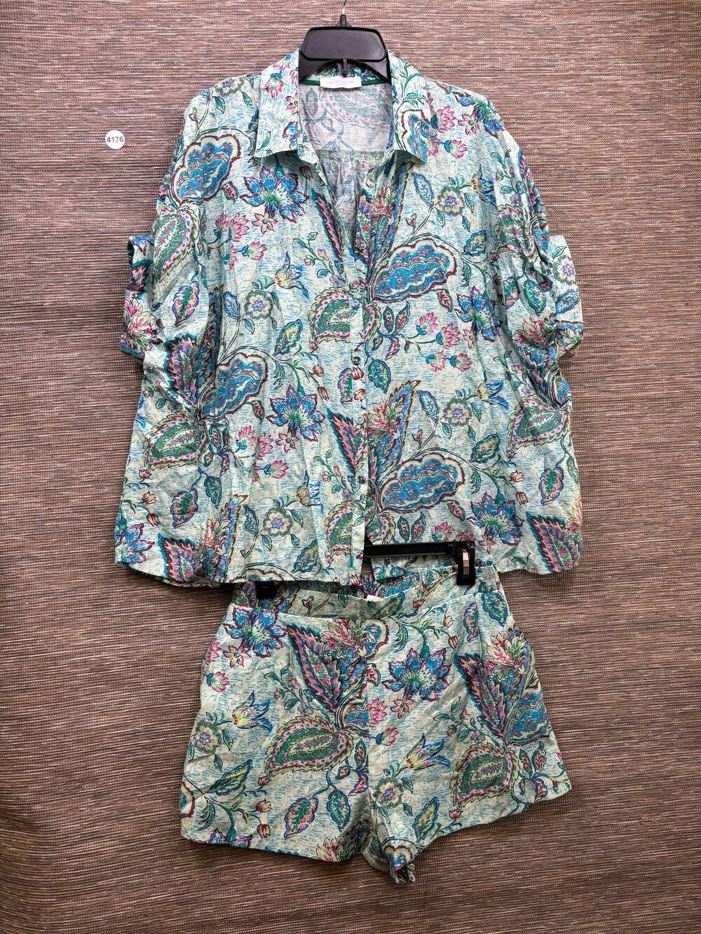 The Collection Texas Shirt Shorts Set Womens L Blue Paisley Rayon Summer Casual